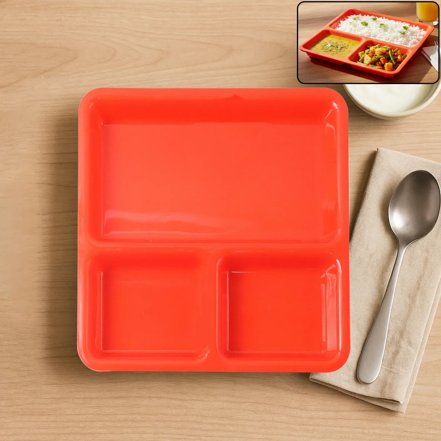 Plastic 3-compartment Rectangular Meal Serving Tray Plates (1 Pc) - Zidbik