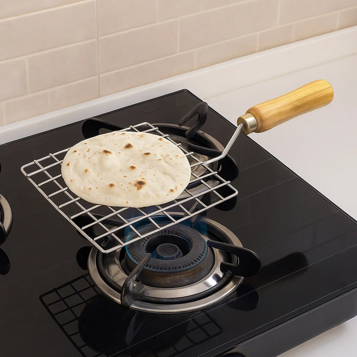 2086 Kitchen Square Stainless Steel Roaster Papad Jali Barbecue Grill With Wooden Handle - Zidbik