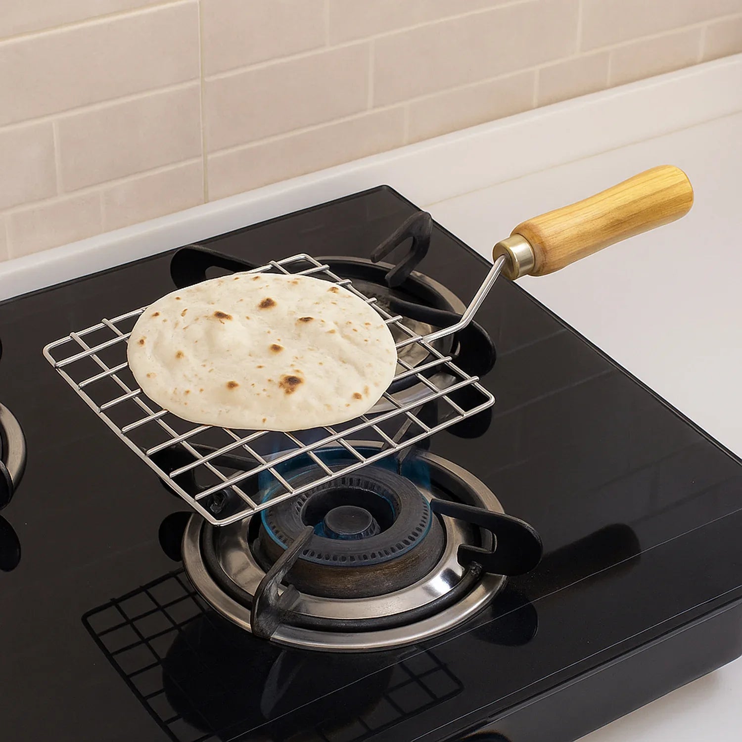 2086 Kitchen Square Stainless Steel Roaster Papad Jali Barbecue Grill With Wooden Handle - Zidbik