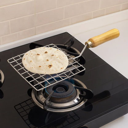 2086 Kitchen Square Stainless Steel Roaster Papad Jali Barbecue Grill With Wooden Handle - Zidbik