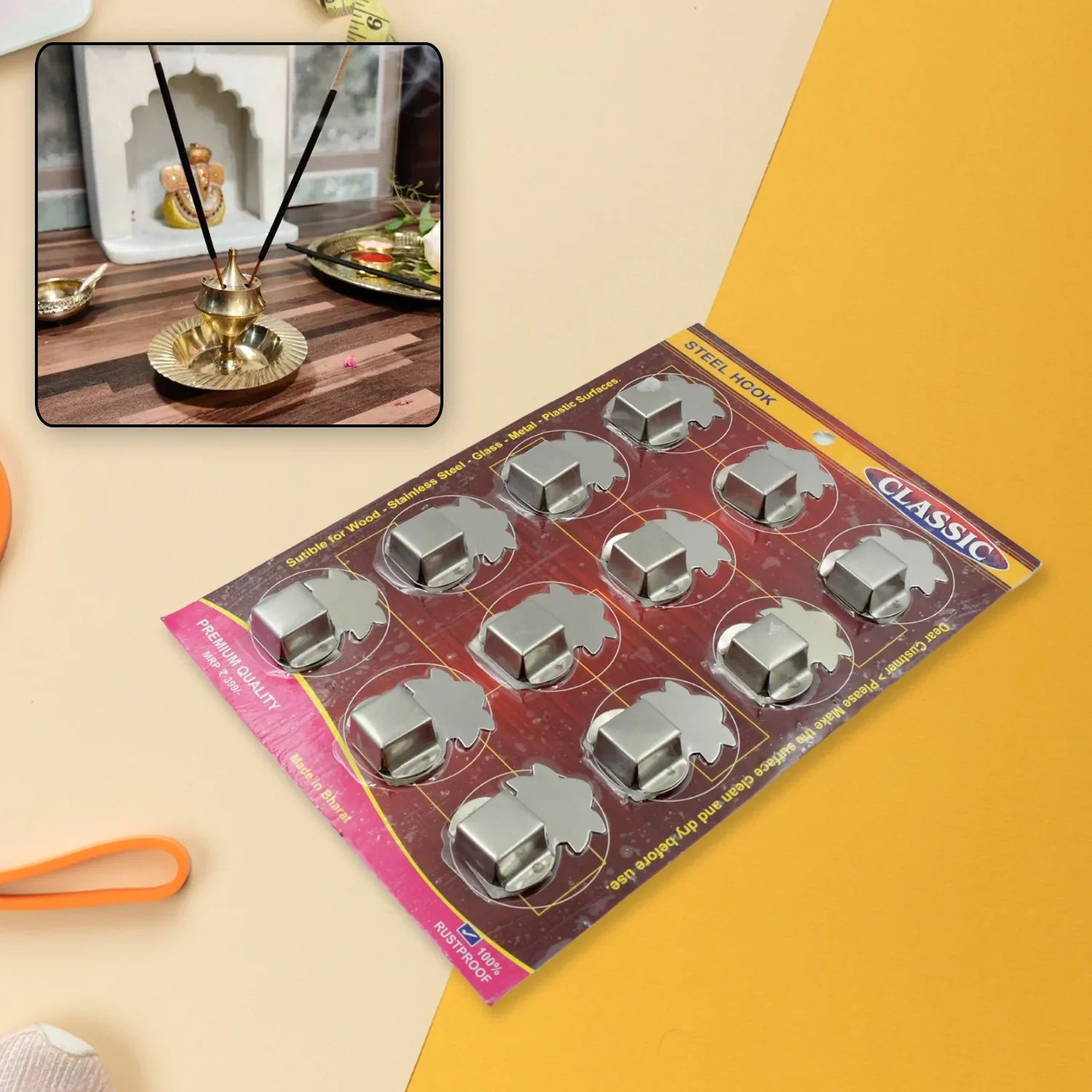 9415 Stainless Steel Agarbatti Stand Agarbatti Holder Stand Self Adhesive Wall Mounted Stand Wall Hook Capacity To Hold 3 Agarbatti - Pack Of 12 Hooks - Zidbik