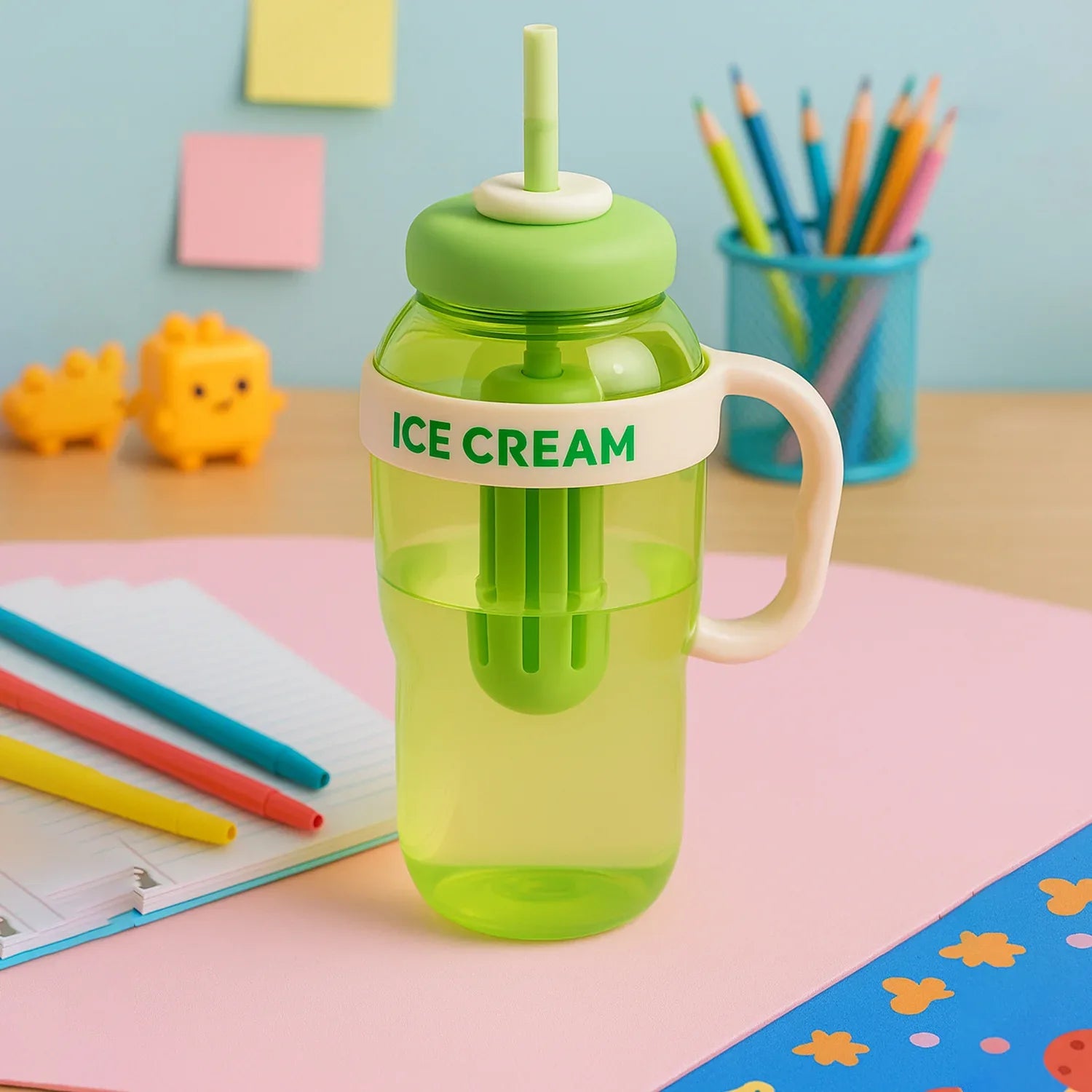 Approx 1300ml Large Capacity Cute Ice Cream Themed Water Bottle With Handle Straw Fruit Infuser Leakproof Sipper For Kids Adults - Zidbik