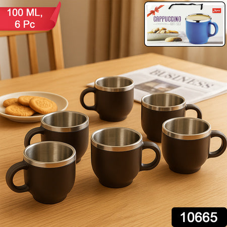 Apex Premium Double Wall Stainless Steel Cappuccino Mug Gift Set (6 Pc  100 Ml) - Zidbik