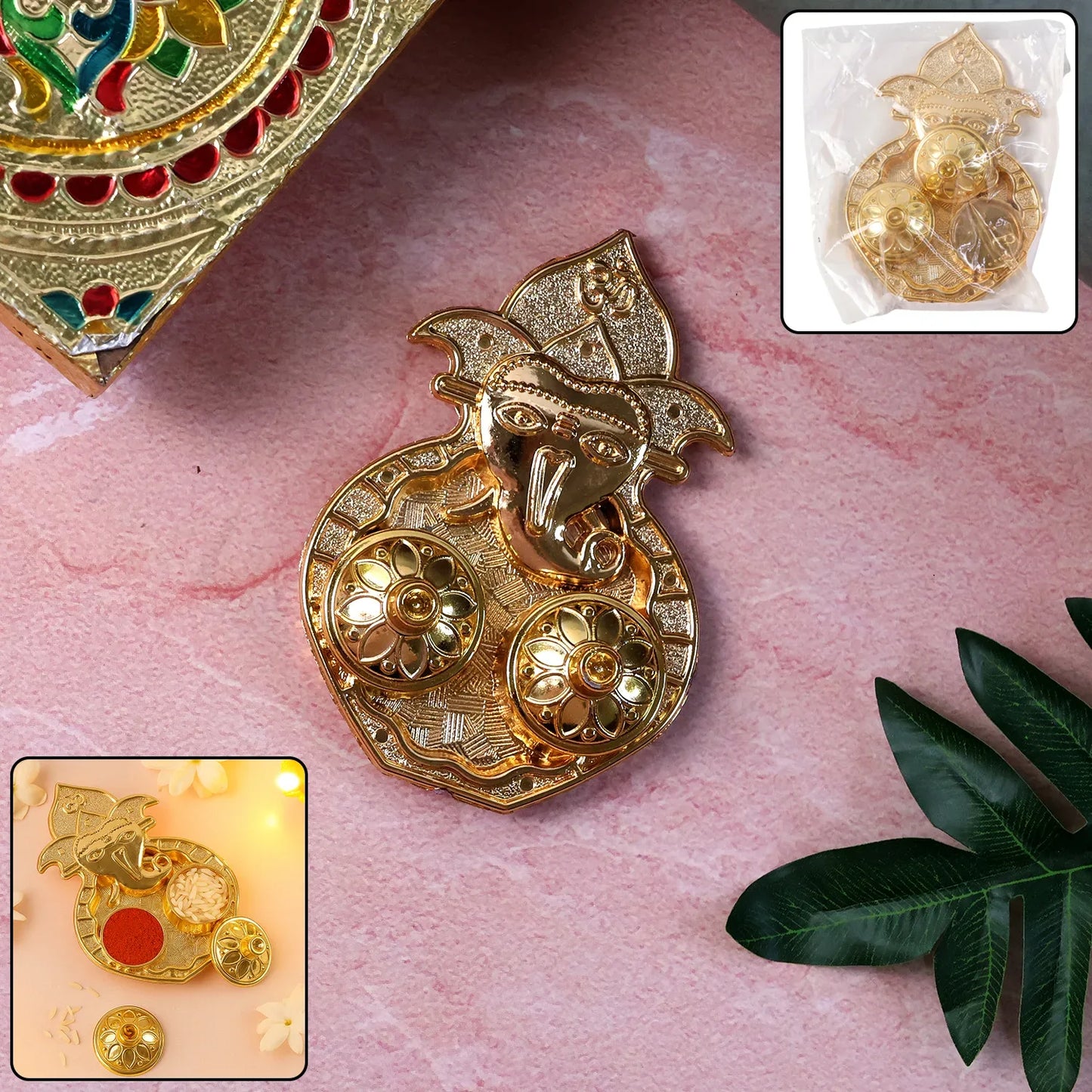 Traditional Golden Lord Ganesha Kumkum Dish (1 Pc) - Zidbik