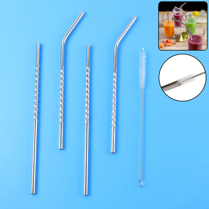 579 Set Of 4 Stainless Steel Straws Brush (2 Straight Straws 2 Bent Straws 1 Brush) - Zidbik
