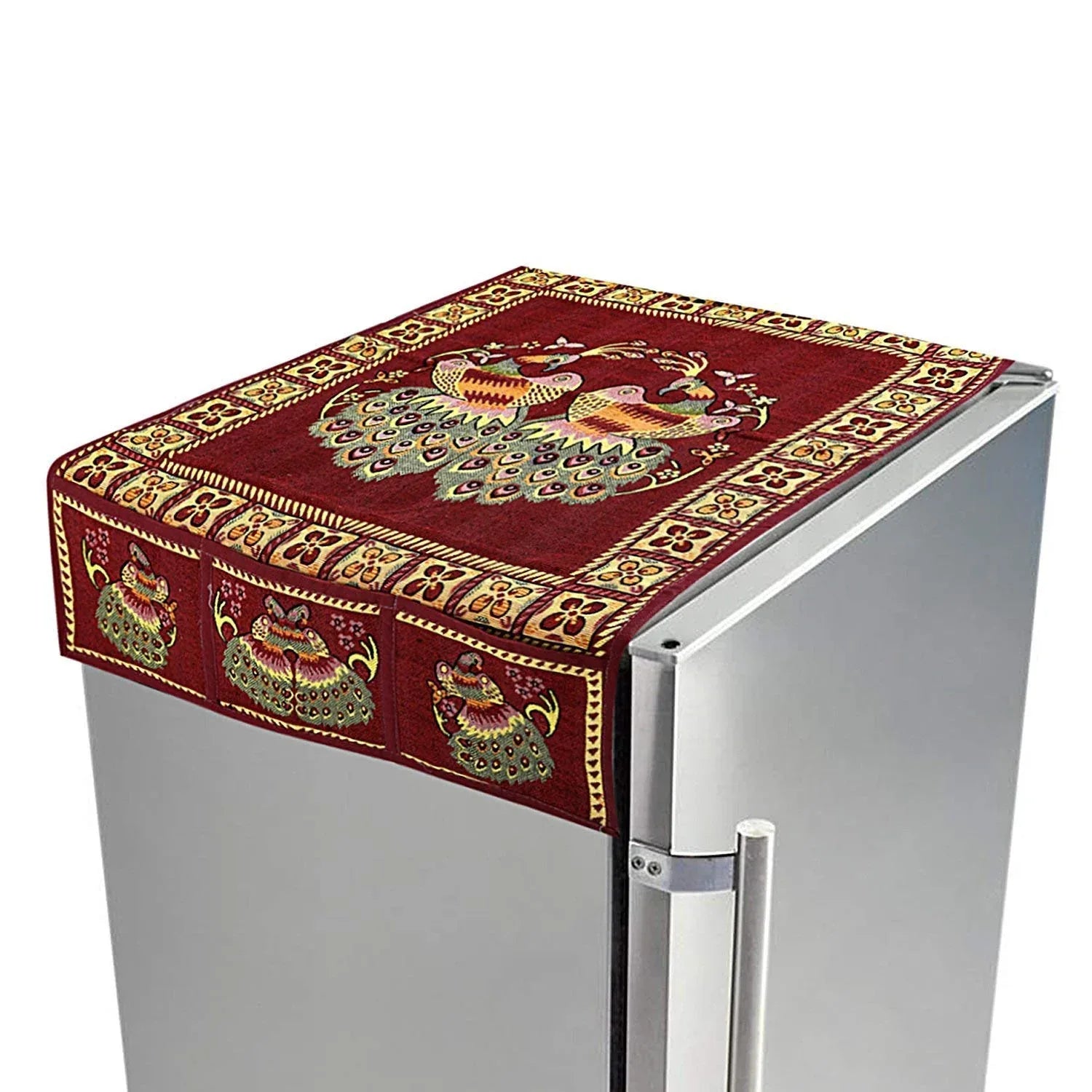 8889 Cotton Fridge Top Cover Set - Standard Appliance Covers Fridge Dustproof Cover With Peacock Deign 6 Utility Side Pockets Fridge Cover For All Types Fridge Refrigerator Use (100x60cm) - Zidbik