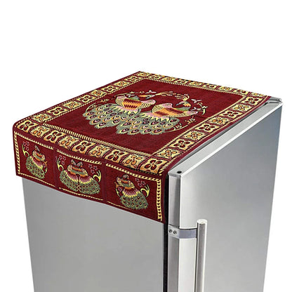 8889 Cotton Fridge Top Cover Set - Standard Appliance Covers Fridge Dustproof Cover With Peacock Deign 6 Utility Side Pockets Fridge Cover For All Types Fridge Refrigerator Use (100x60cm) - Zidbik