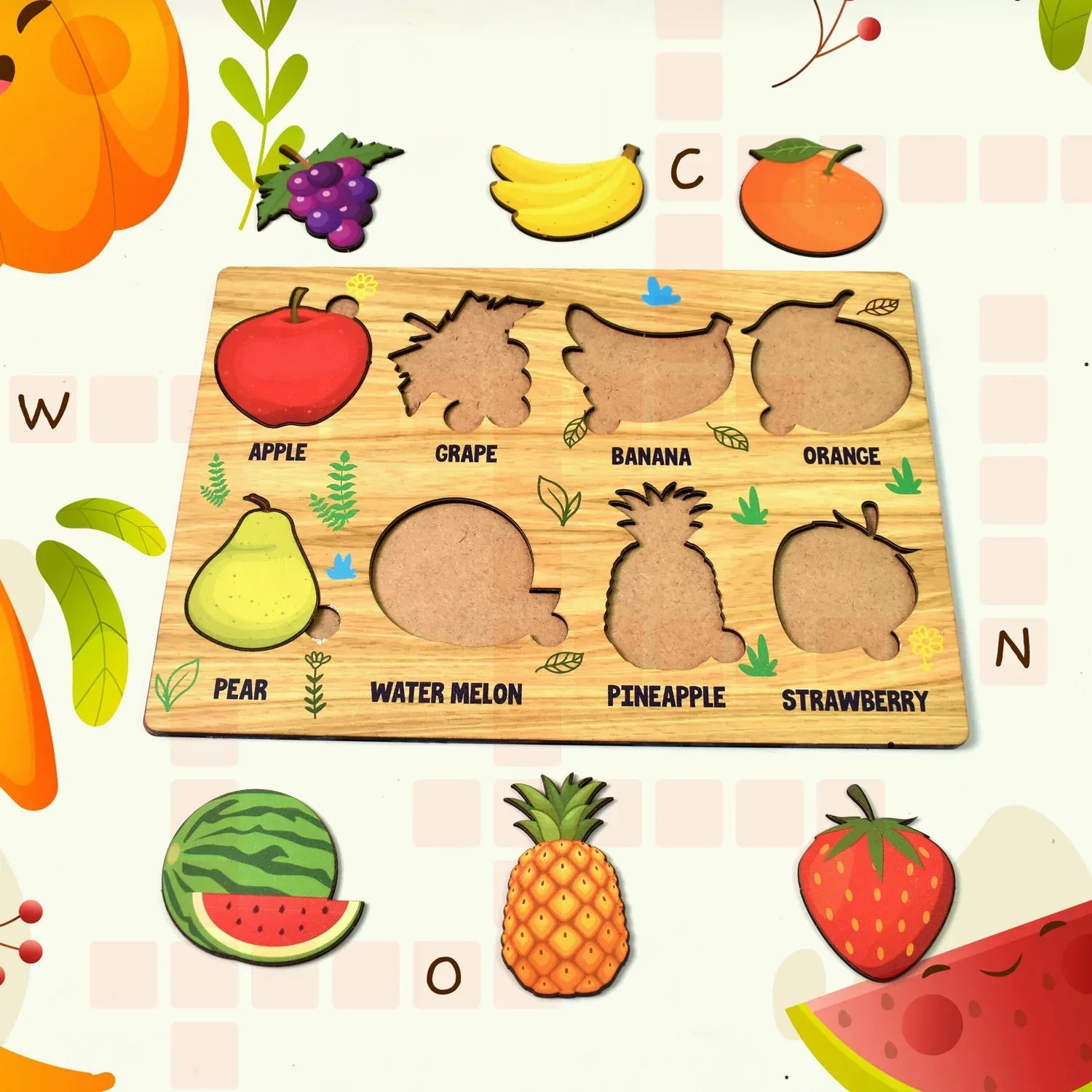 Wooden Fruits Puzzle Learning Educational Board (1 Set 2820 Cm) - Zidbik