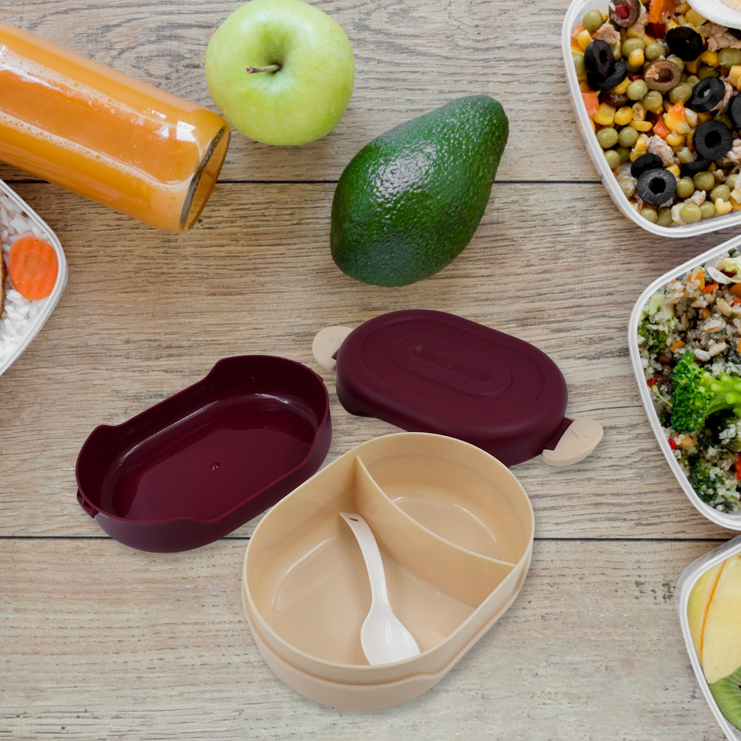 Airtight Food Grade Tiffin Box With 2 In 1 Spoon And 2 Compartment - Zidbik