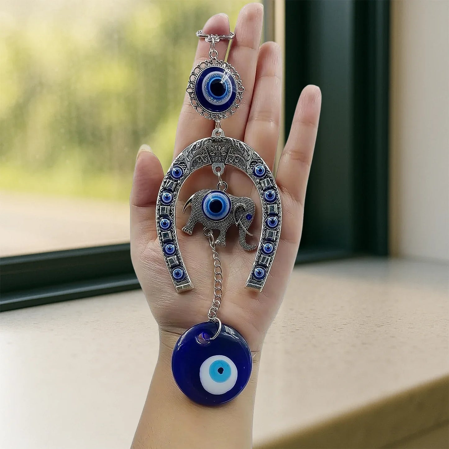 Decorative Evil Eye Hanging With Elephant And Horseshoe Motif Wind Chime (1 Pc) - Zidbik