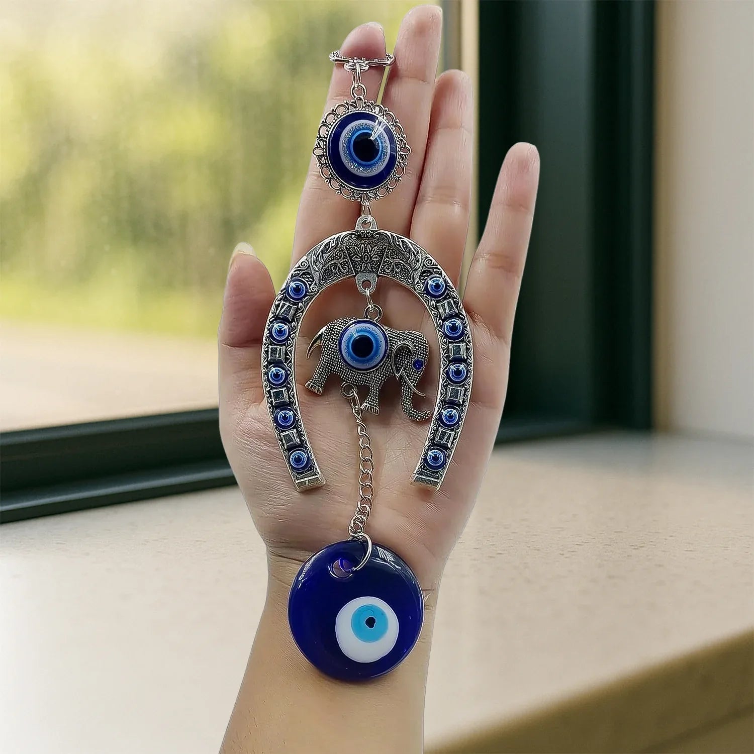Decorative Evil Eye Hanging With Elephant And Horseshoe Motif Wind Chime (1 Pc) - Zidbik