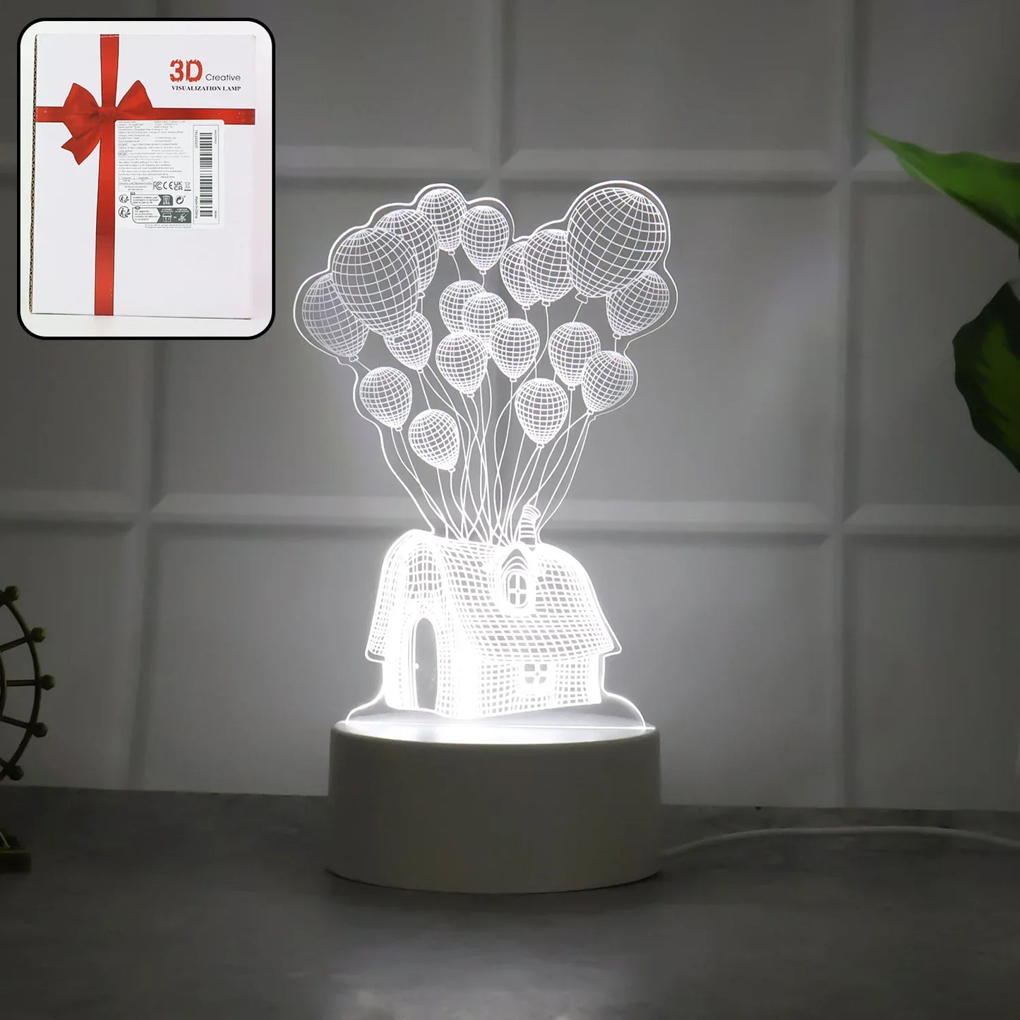 3d Illusion Led Night Lamp With House And Balloons Design - Zidbik