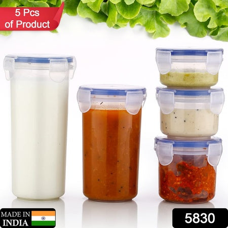 5830 Plastic Liquid Round Airtight Food Storage Container With Leak Proof Locking Lid Bpa Free Container For Kitchen 5 Pcs Set (Transparent  ( Approx Capacity 110 Ml160 Ml210 Ml400 Ml500 Ml) - Zidbik
