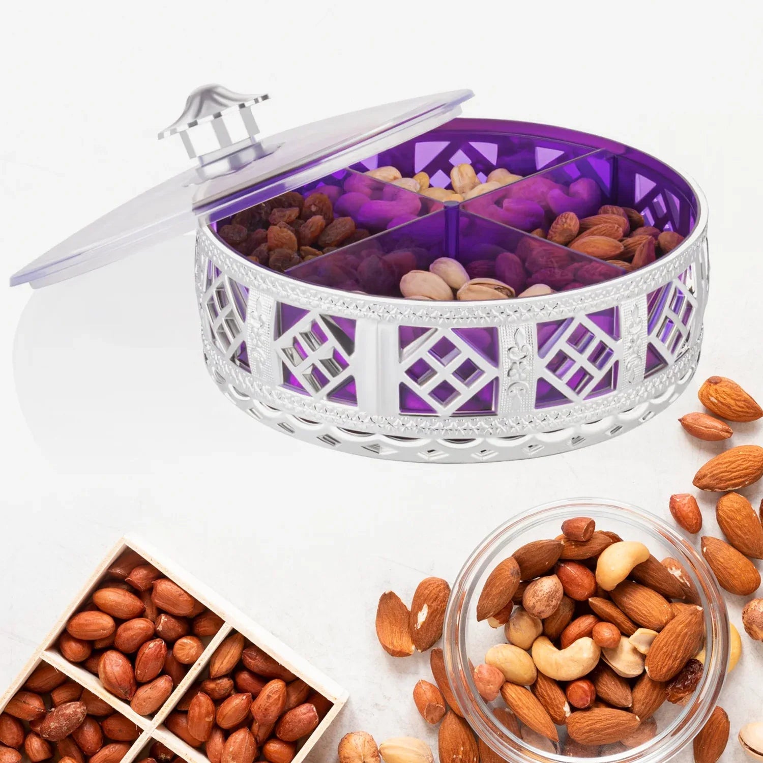 Multipurpose Dry Fruit Box 4 Section Dry Fruit Round Silver Gift Box (1 Pc) - Zidbik