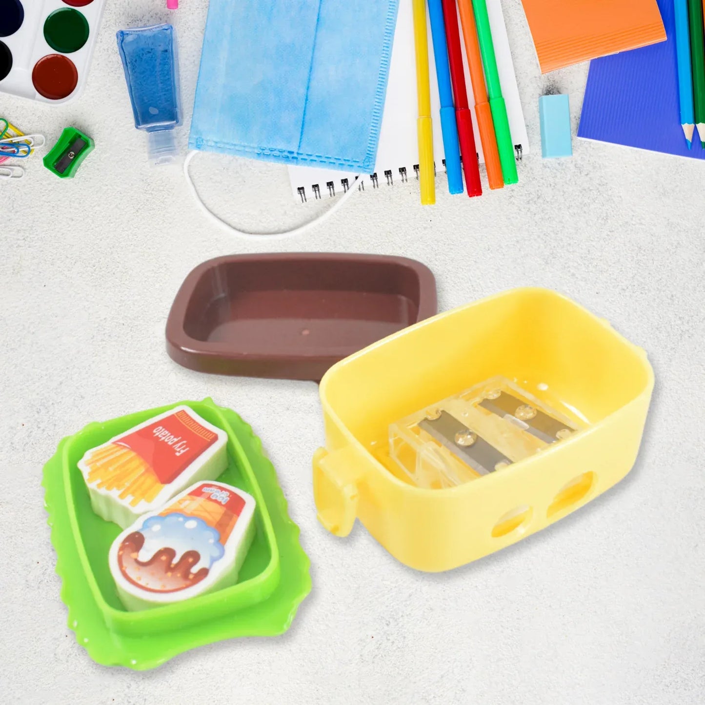 Plastic Burger Shape Small Size Double Hole Sharpener With Eraser (1 Set) - Zidbik