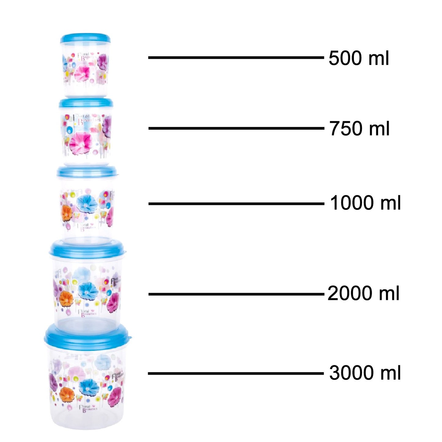 2446 Plastic Transparent Container Air Tight Dabba Set (3000ml 2000ml 1000ml 750ml 500ml) - Zidbik