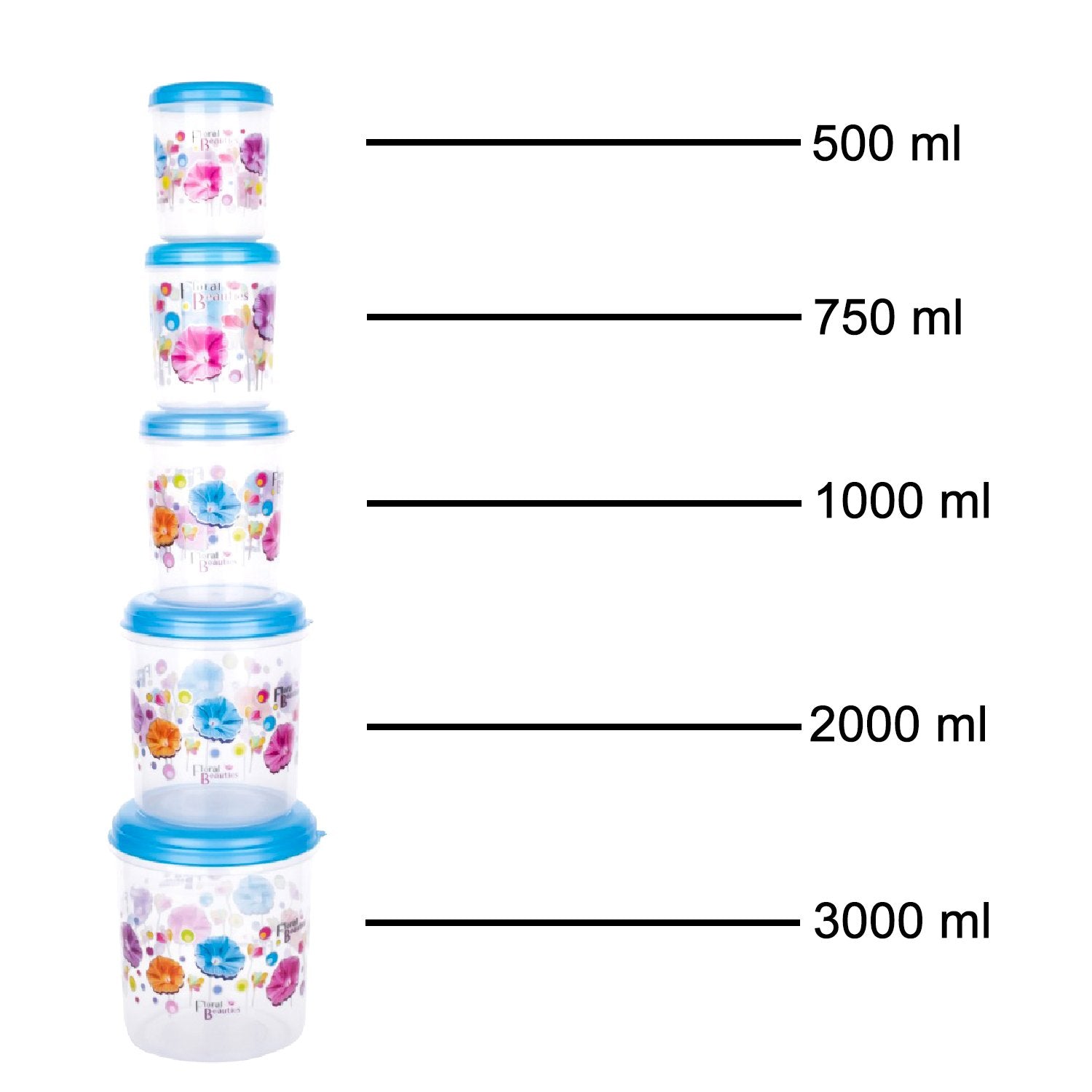 2446 Plastic Transparent Container Air Tight Dabba Set (3000ml 2000ml 1000ml 750ml 500ml) - Zidbik