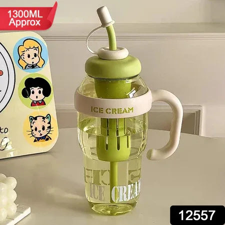 Approx 1300ml Large Capacity Cute Ice Cream Themed Water Bottle With Handle Straw Fruit Infuser Leakproof Sipper For Kids Adults - Zidbik