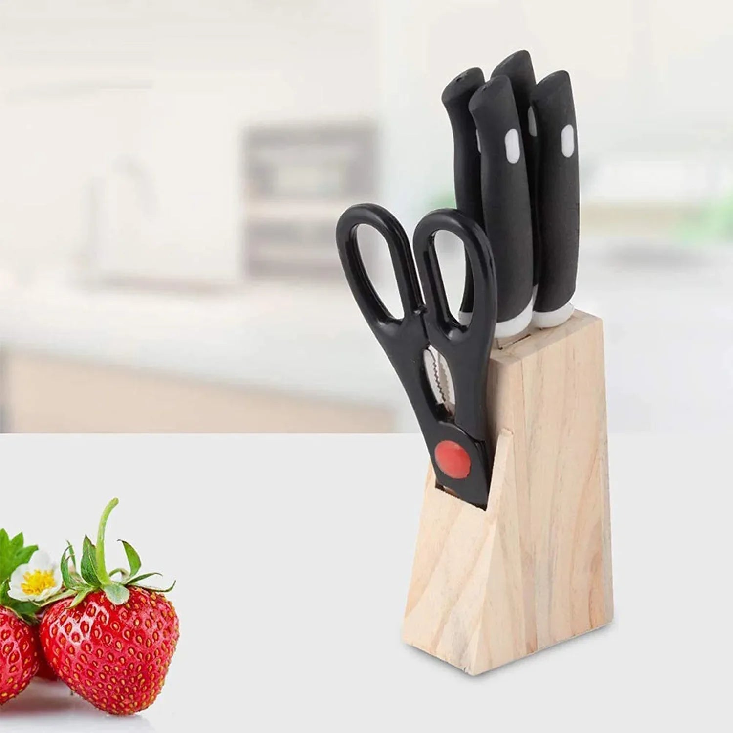 Kitchen Knife Set With Wooden Block And Scissors (5 Pcs Black) - Zidbik