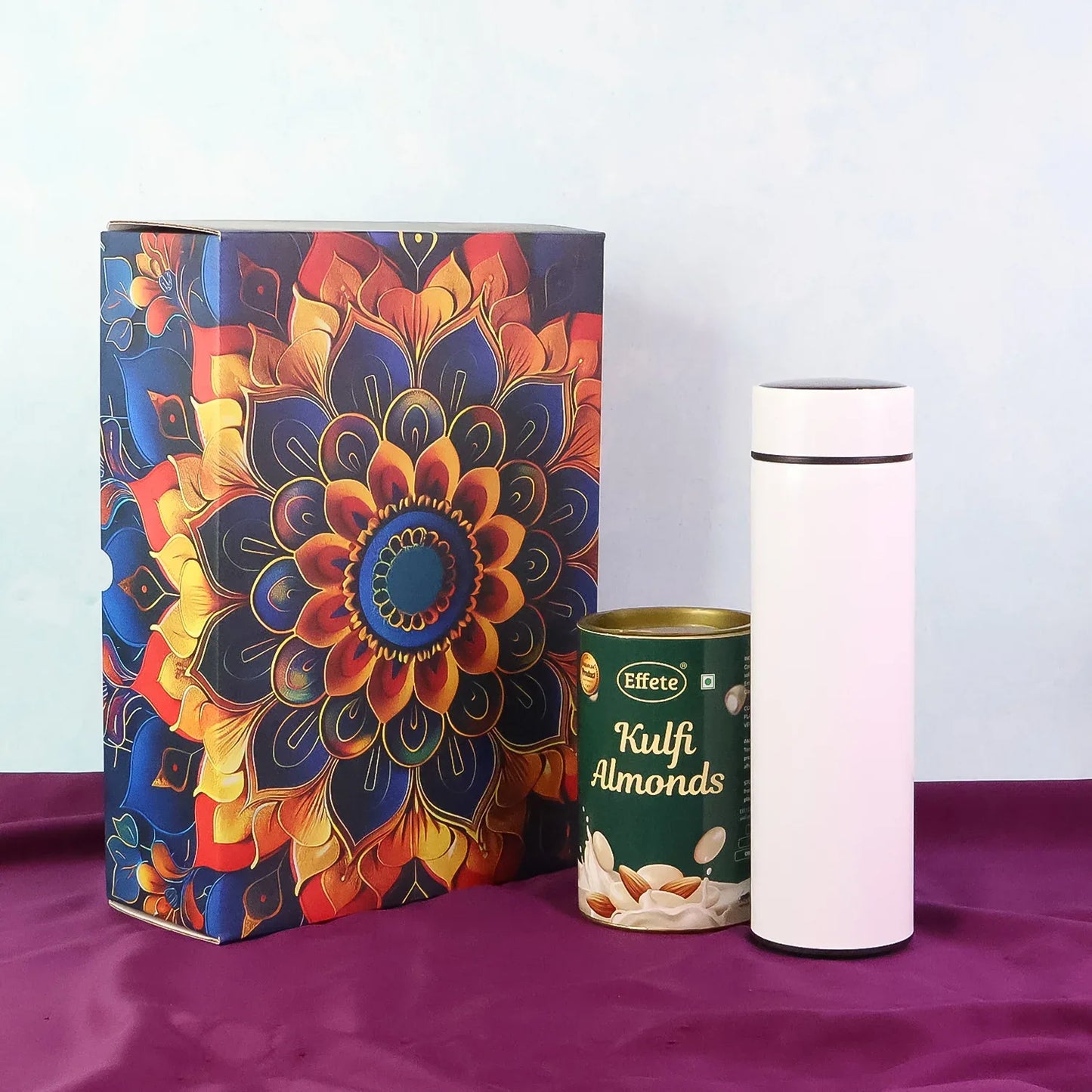 Effete Kulfi Almonds Gift Hamper Golden With Bottle (2 Pc Set) - Zidbik