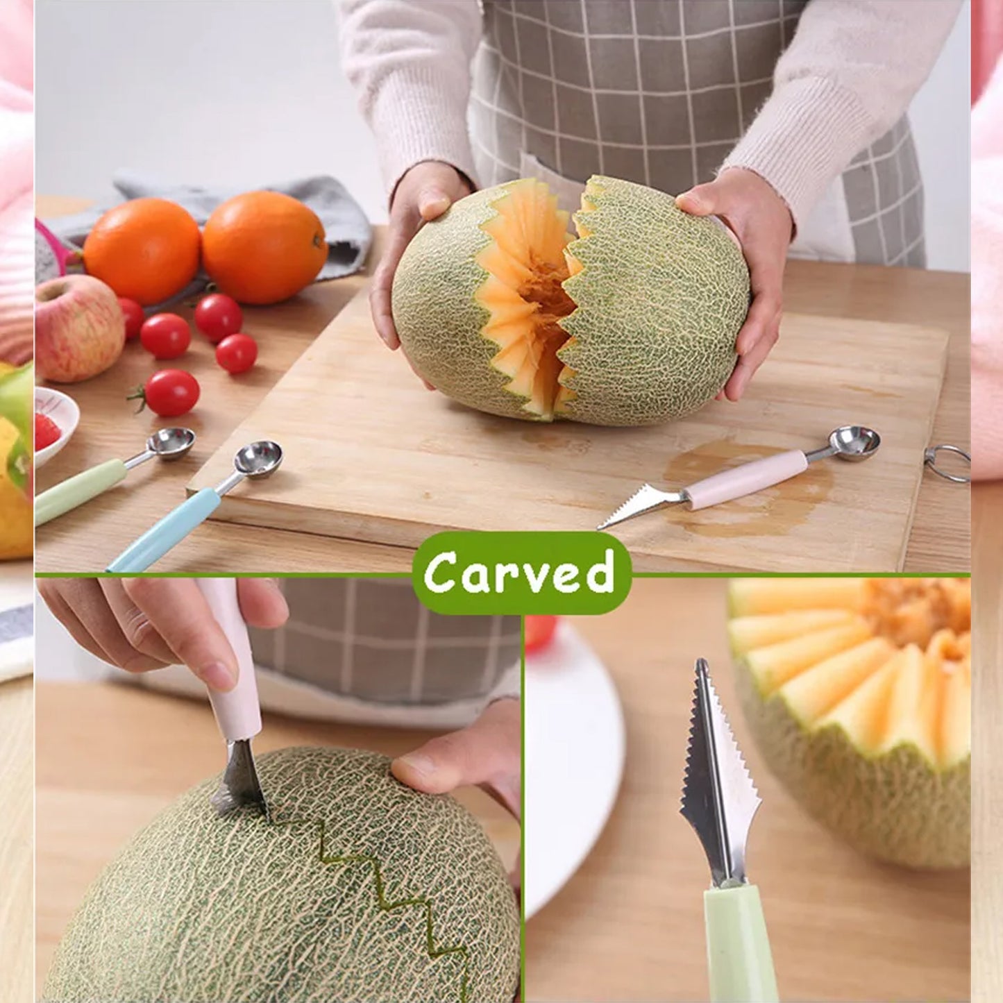 7031 Multifunctional Stainless Steel Fruit Vegetable Pattern Carving Knife Peeler Corer Spherical Dig Ball Scoop Garnishing Dig Ball Spoon Kit. - Zidbik