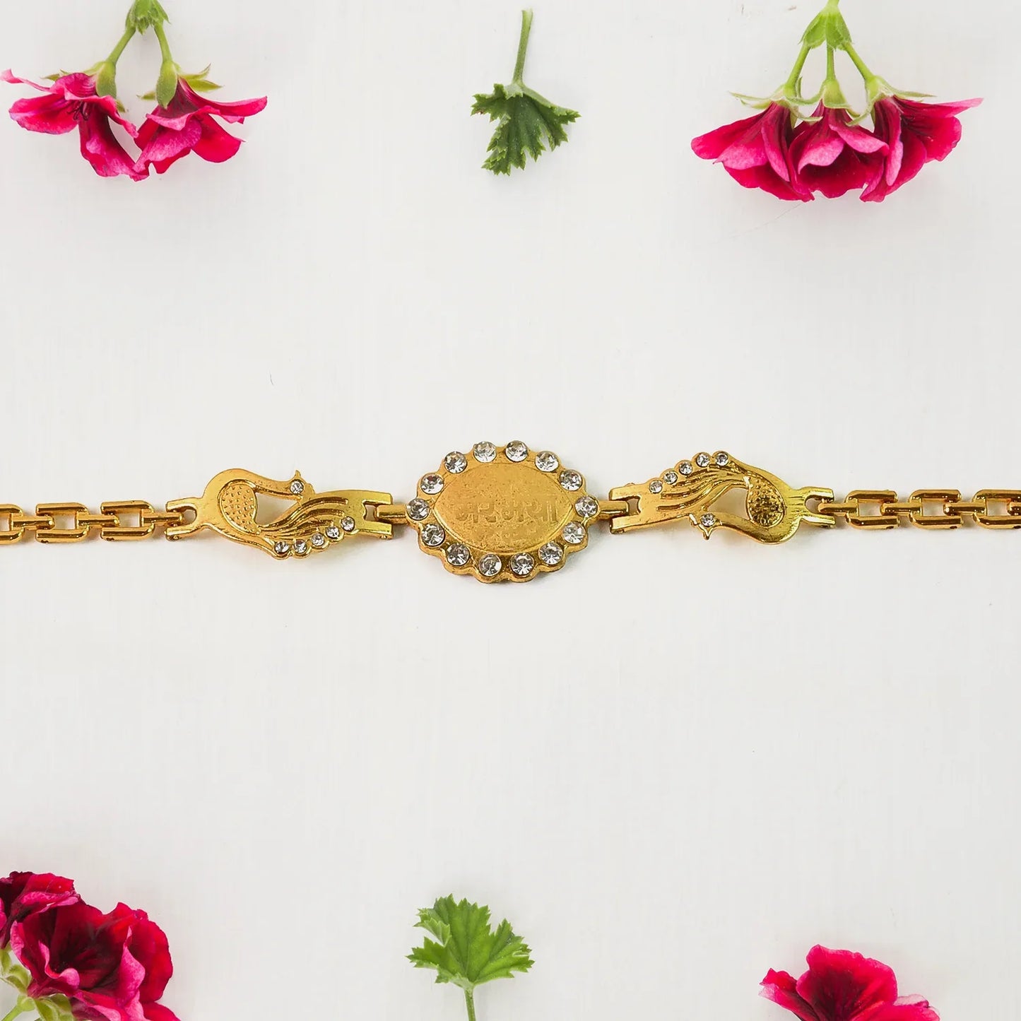 Bracelet With Stone Border Dual Peacock Chain End Rakhi - Zidbik