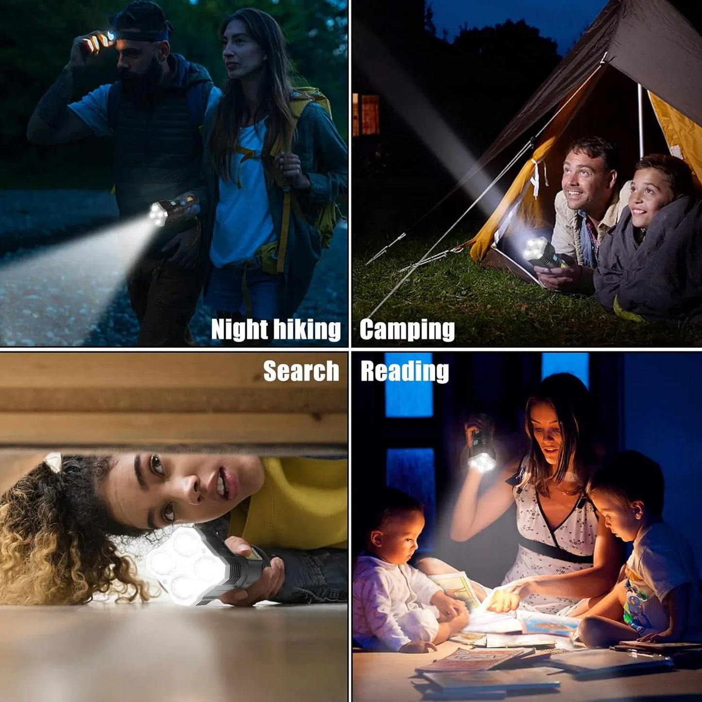 9370 Multifunctional Strong 4 Led Torch Light Portable Rechargeable Flashlight Long Distance Beam Range 800 Lumens Cob Light 4 Mode Emergency For Hiking Walking Camping (4 Led Torch) - Zidbik