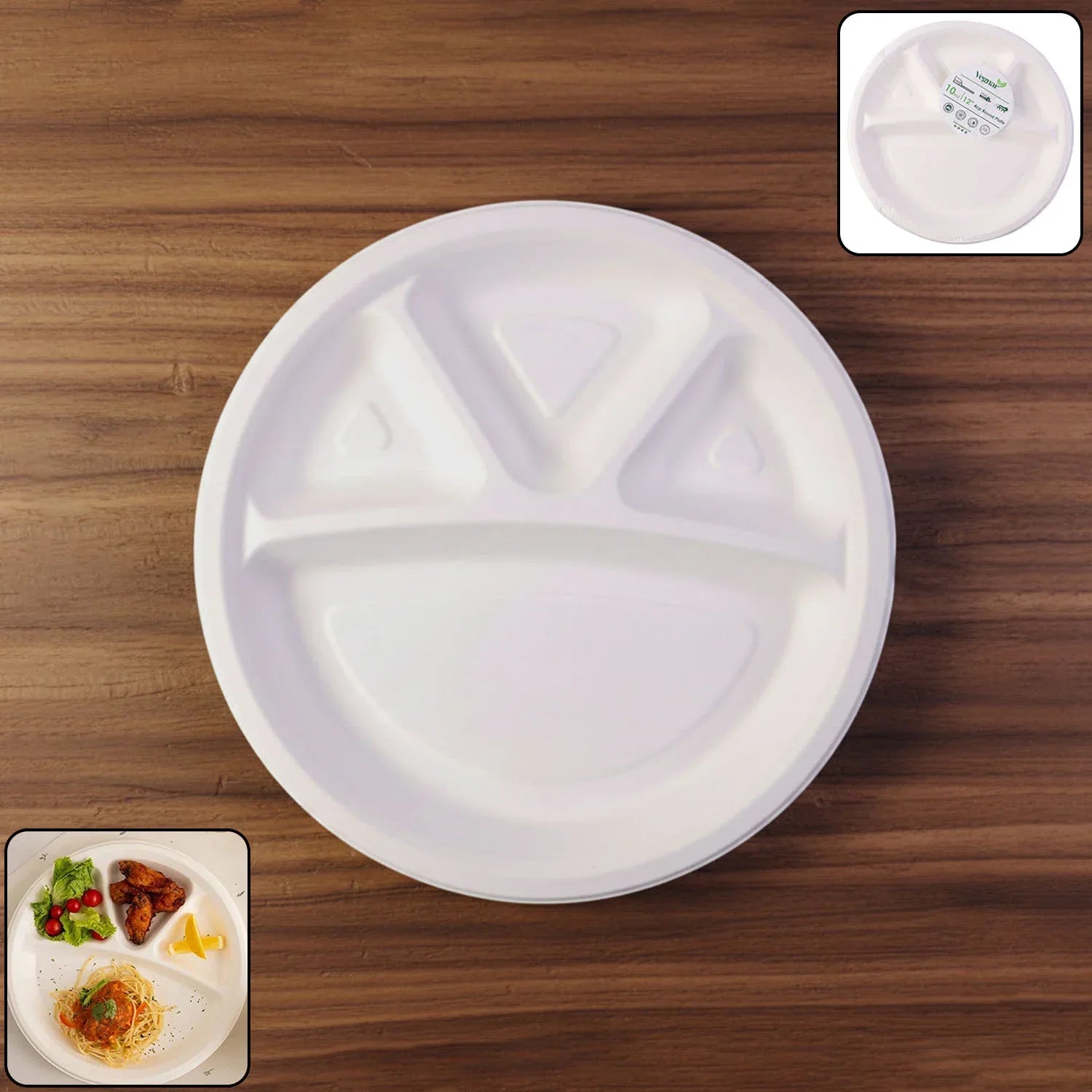 Vegnar 4 Compartment Disposable Food Serving Plate Set (10 Pc) - Zidbik