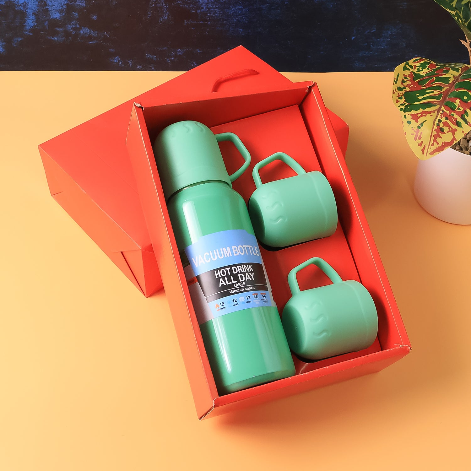 Green Vacuum Flask Set  Stainless Steel Thermos With 3 Cups Approx 500ml - Zidbik