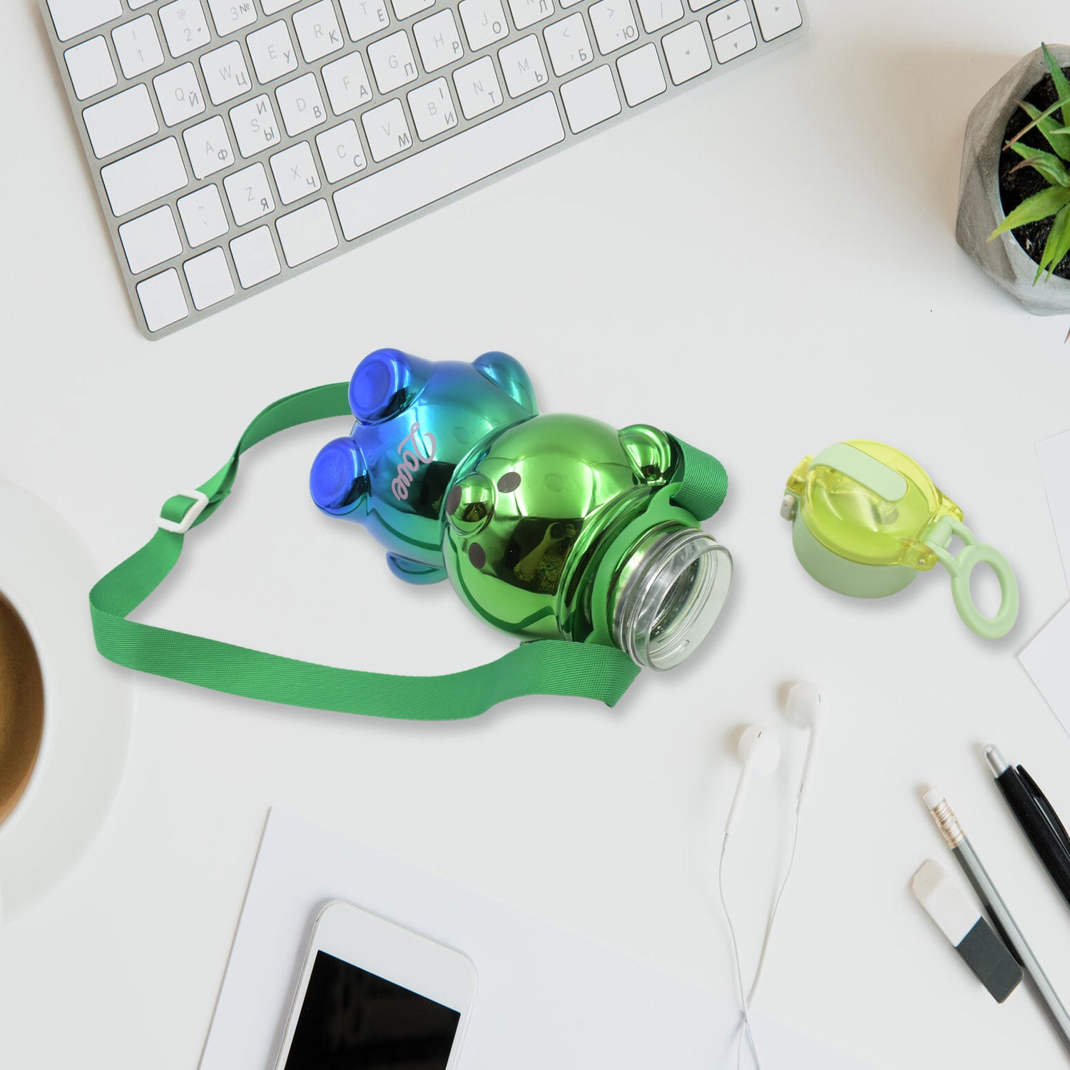 12548  Cute Plastic Water Bottle Straw Bottle With With Adjustable Shoulder Strap And Stickers Portable Drinking Cup Water Bottle For Kids - Zidbik