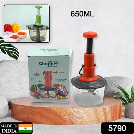 5790 Manual Press Fruit  Vegetable Chopper With 3 Stainless Steel Blades Anti-slip Base And Locking System Cutting Chopper For Kitchen (650 Ml) - Zidbik