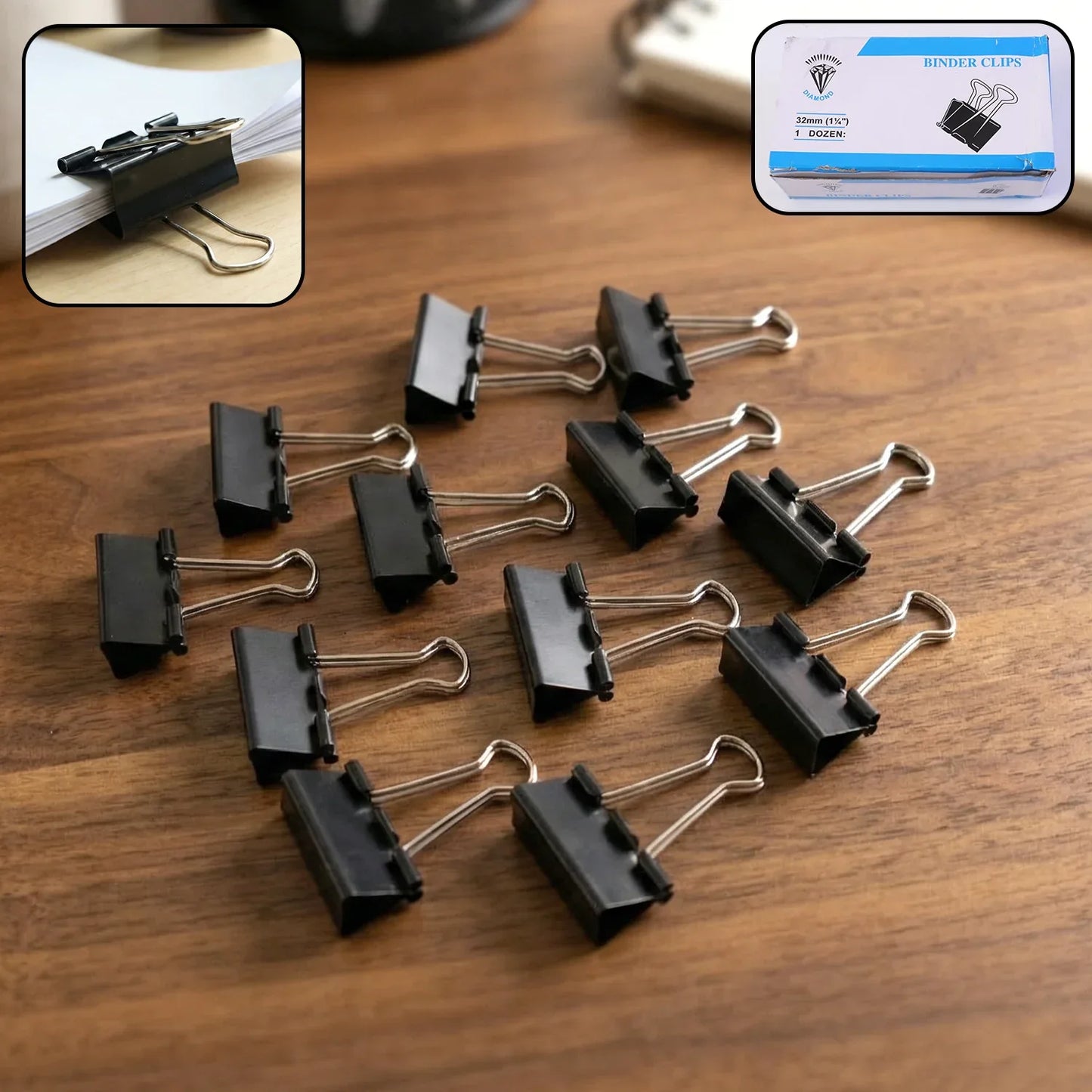 Medium Size Heavy-duty Black Binder Clips Set (32 Mm 12 Pc) - Zidbik