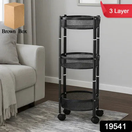 3-layer Round Metal Mesh Utility Storage Trolley With Wheels - Zidbik