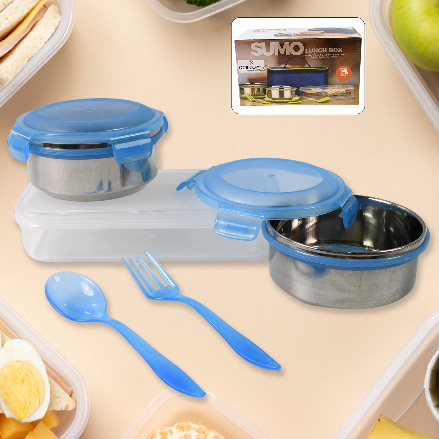 Sumo Lunch Box With Lunch Bag Plastic Lunch Box  Plastic Spoon Fork (2 Pc Set  With Lunch Box) - Zidbik