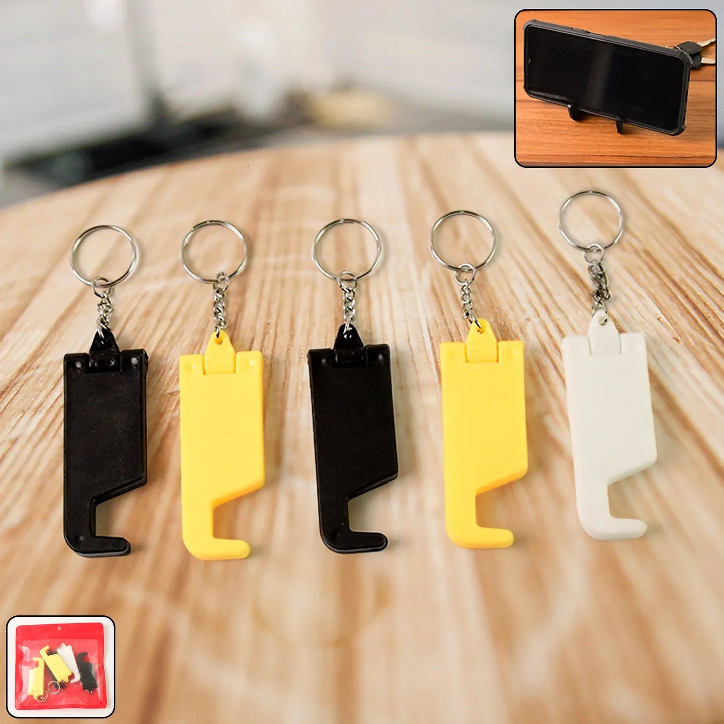 2 In 1 Plastic Keychain With Mobile Stand Phone Holder (5 Pcs Set Multicolor) - Zidbik