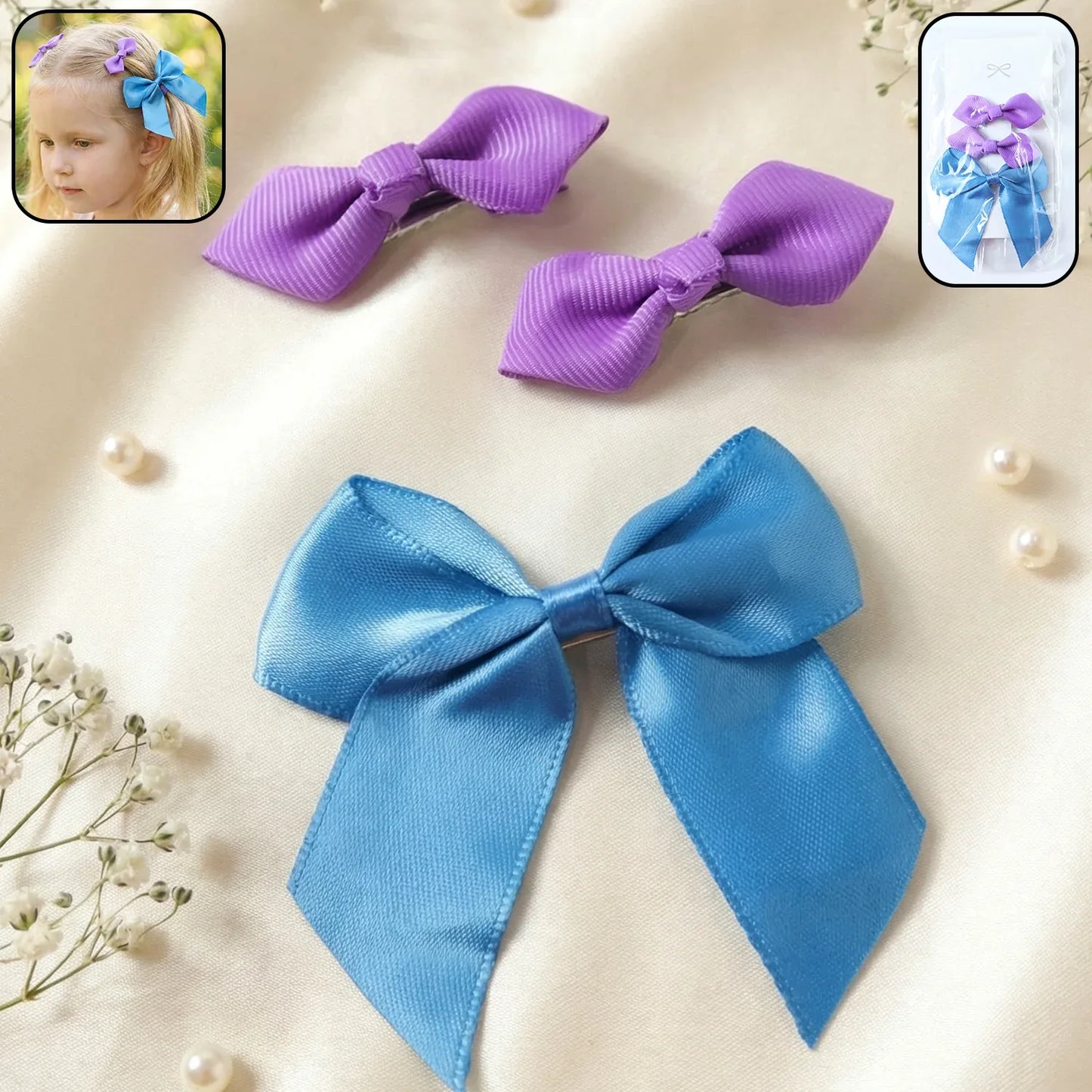 Elegant Satin Ribbon Bow Hair Clips Set (3 Pc) - Zidbik