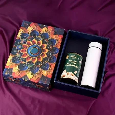 Effete Kulfi Almonds Gift Hamper Golden With Bottle (2 Pc Set) - Zidbik