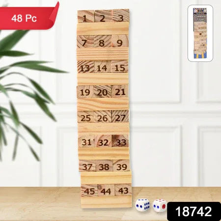 Wooden Tumbling Stacking Tower Game (48 Pcs Blocks 2 Dices) - Zidbik