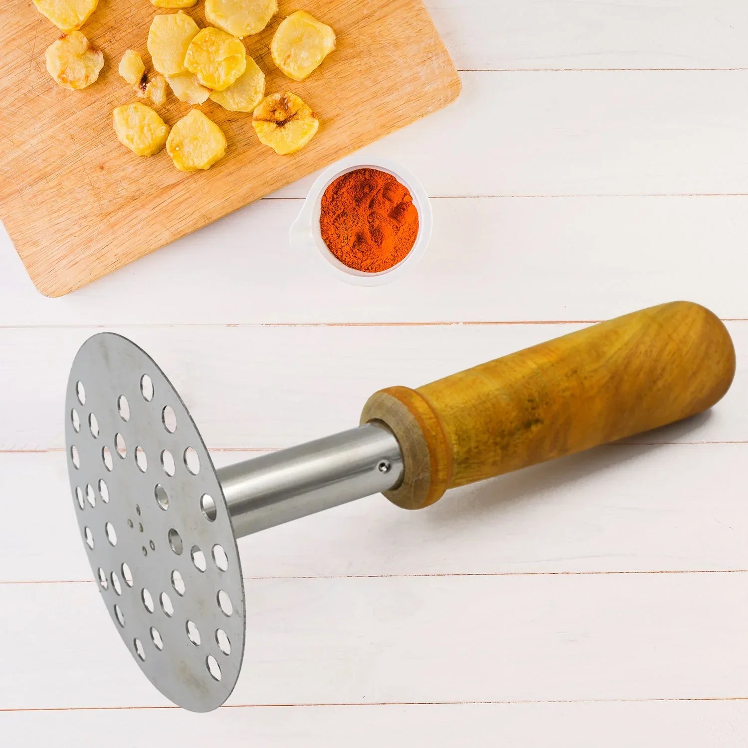 High Grade Stainless Steel Potato Masher Paubhaji Pav Bhaji Masher With Wooden Handle (1 Pc) - Zidbik