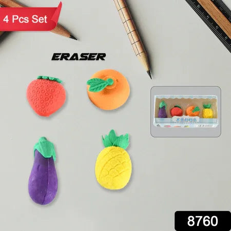 8760 Mini Cute Vegetables And Fruits Erasers Or Pencil Rubbers For Kids 1 Set Fancy Stylish Colorful Erasers For Children Eraser Set For Return Gift Birthday Party School Prize 3d Erasers (4 Pc Set) - Zidbik