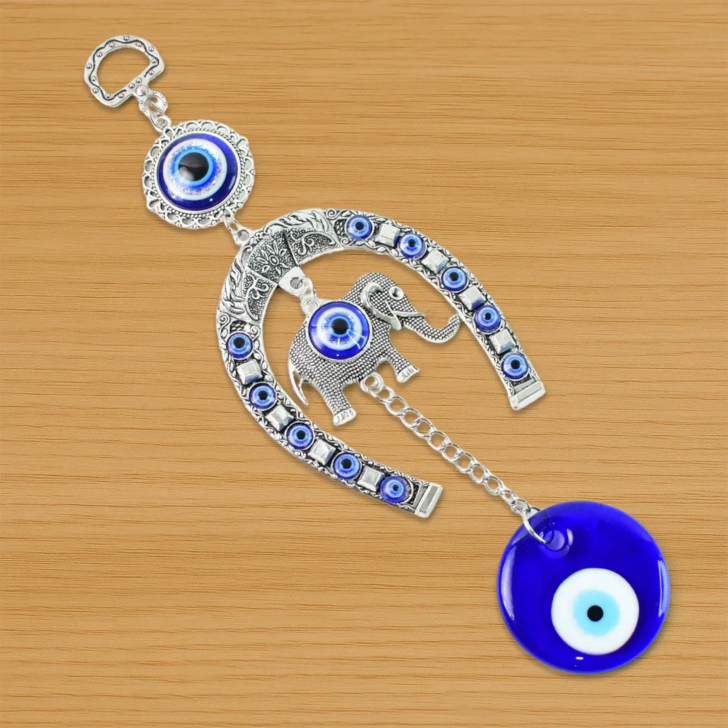Decorative Evil Eye Hanging With Elephant And Horseshoe Motif Wind Chime (1 Pc) - Zidbik
