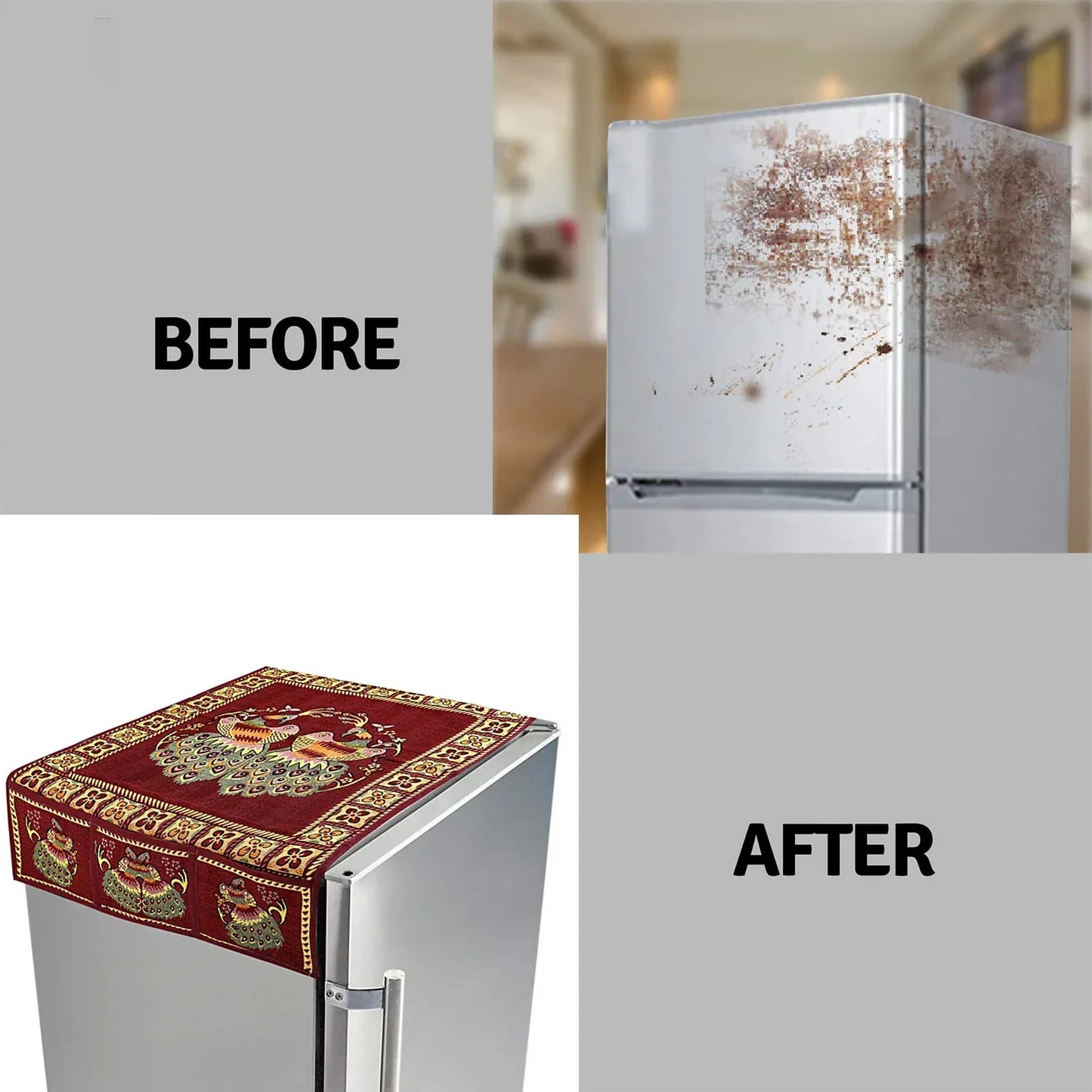 8889 Cotton Fridge Top Cover Set - Standard Appliance Covers Fridge Dustproof Cover With Peacock Deign 6 Utility Side Pockets Fridge Cover For All Types Fridge Refrigerator Use (100x60cm) - Zidbik
