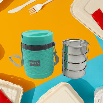 2364 Double Wall Insulated Stainless Steel Tiffin 4 Compartment Lunch Box With Handle Stackable Stainless Steel Lunch Box  Bpa Free  Leakproofdabba For Office Home Shool Hot Outer Plastic Tiffin Box Set (1 Pc 4 Compartment) - Zidbik