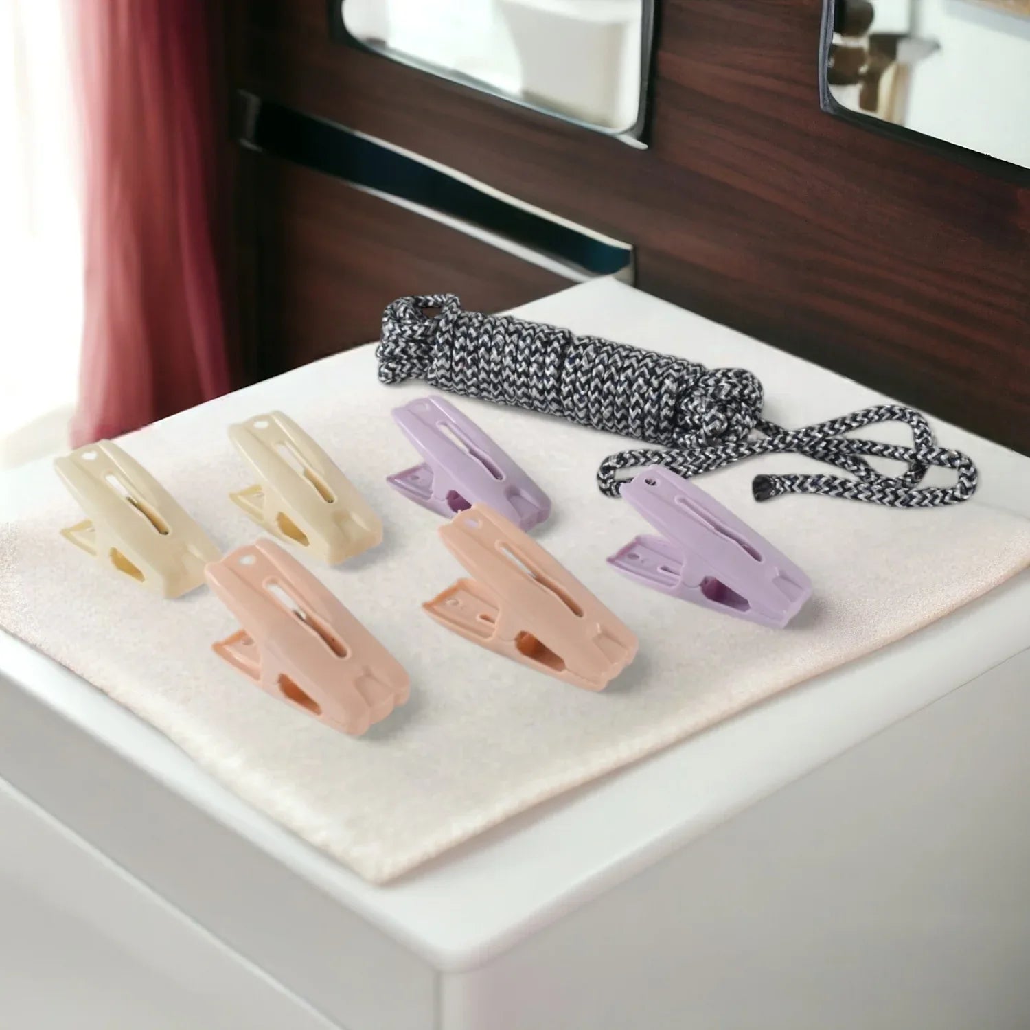 Cloth Drying Rope With Clips Convenient And Durable Hanging Solution (7 Pc Set) - Zidbik