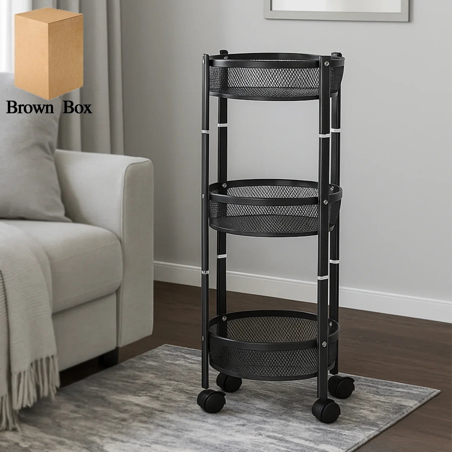 3-layer Round Metal Mesh Utility Storage Trolley With Wheels - Zidbik