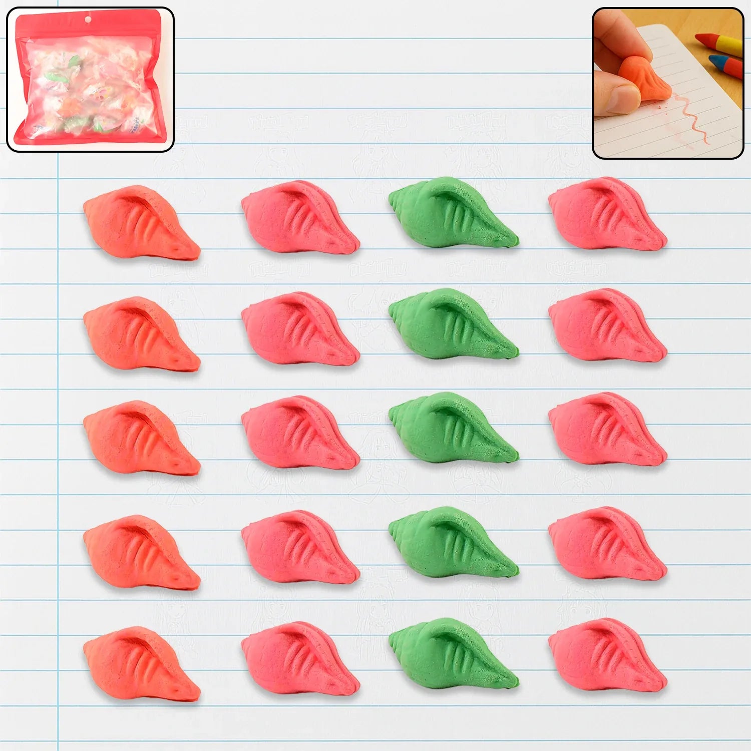 Shankh Shape Eraser Rubber (20 Pc Mix Colour Design) - Zidbik