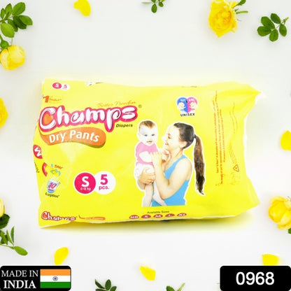 0968 Small  Champs Dry Pants Style Diaper- Small Best For Travel  Absorption Champs Baby Diapers Champs Soft And Dry Baby Diaper Pants (S5 Pcs ) - Zidbik