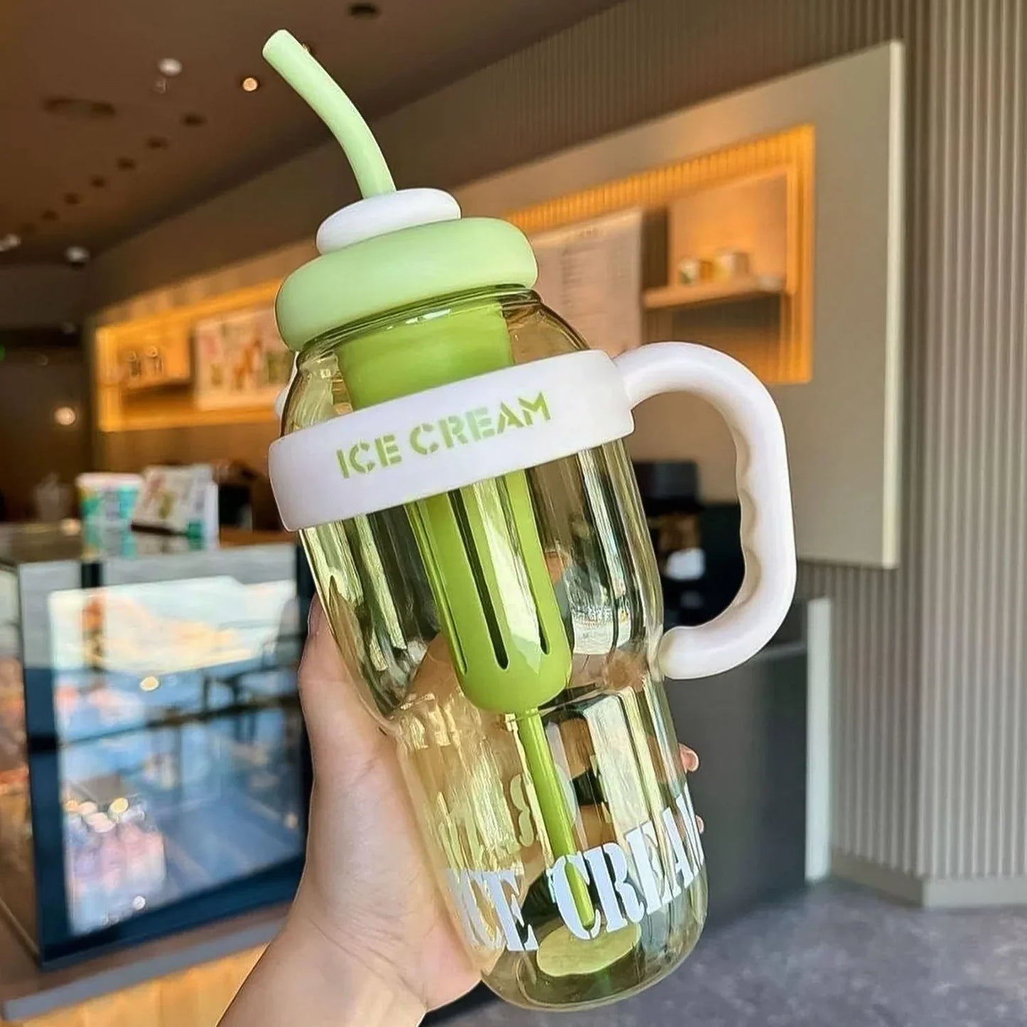 Approx 1300ml Large Capacity Cute Ice Cream Themed Water Bottle With Handle Straw Fruit Infuser Leakproof Sipper For Kids Adults - Zidbik