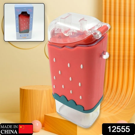 12555 Portable Cute Water Bottle For Kids Unique Ice Cream Shape Water Cup Popsicle Shaped Plastic Kettle With Straw Adjustable Shoulder Strap Bpa Free Leakproof (300 Ml) - Zidbik