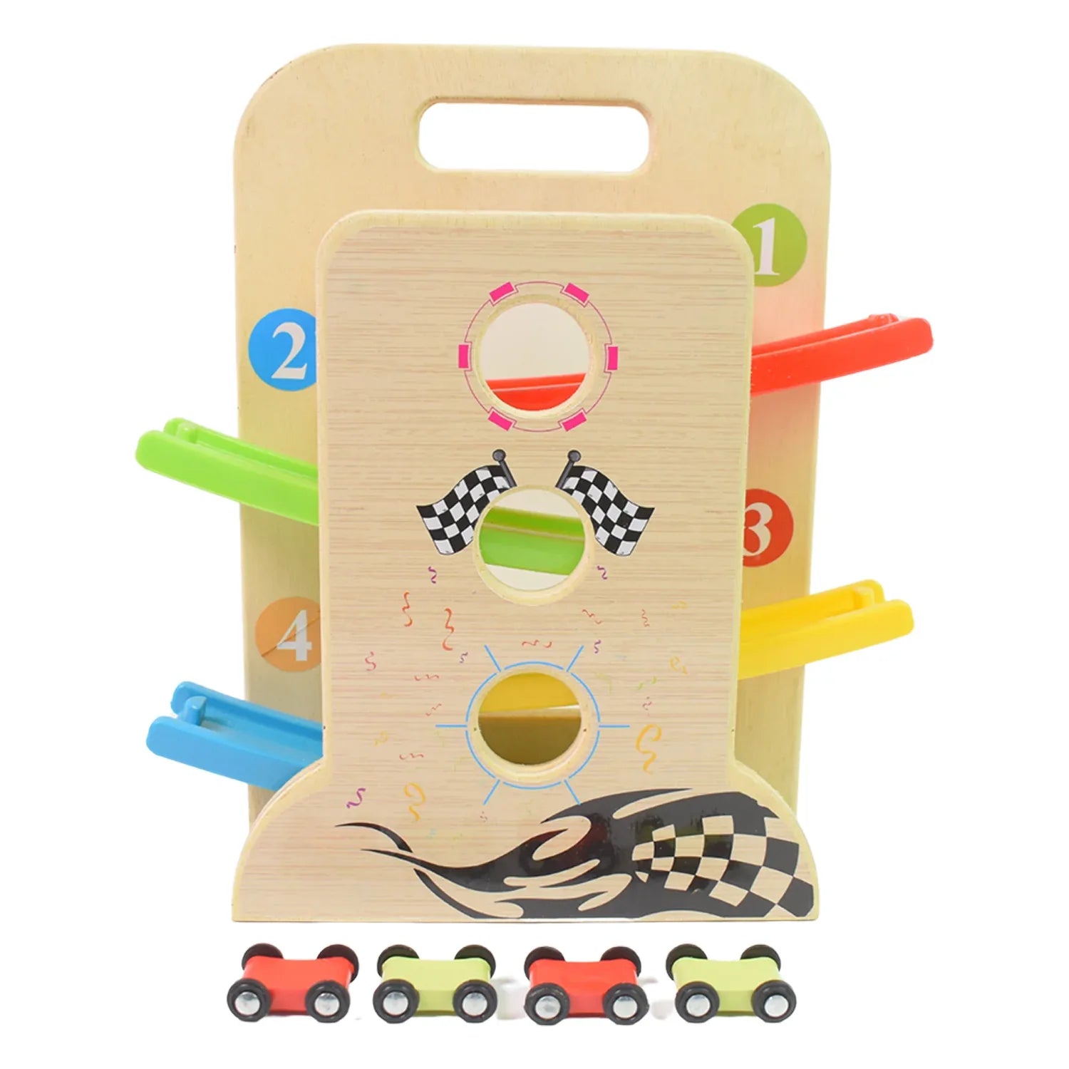 Wooden Ramp Racer Race Track Vehicle Play Sets With 4 Mini Racers (With Handle) - Zidbik